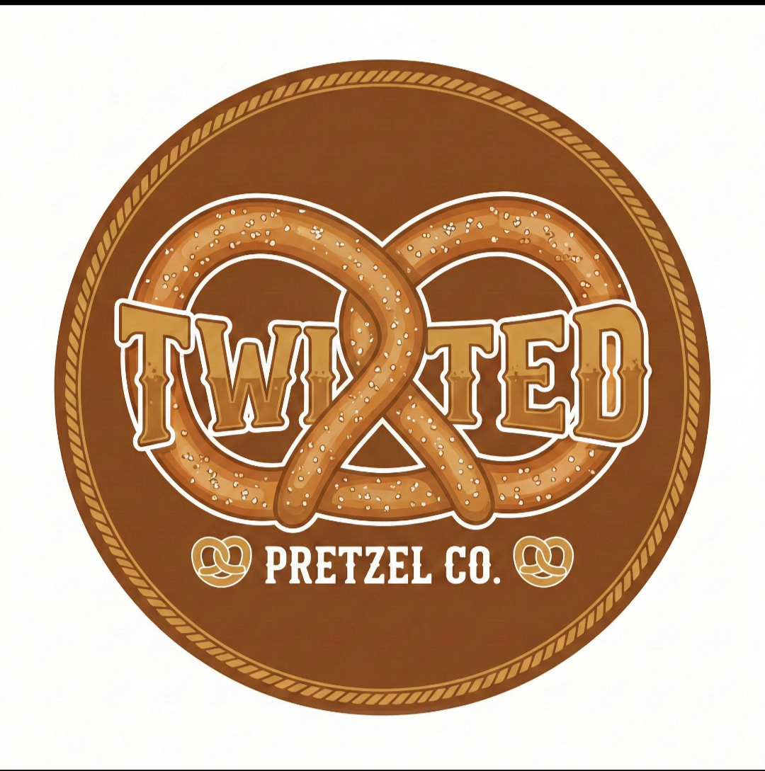 Twixted Pretzel Co. circular brown and gold logo with the name woven through a pretzel