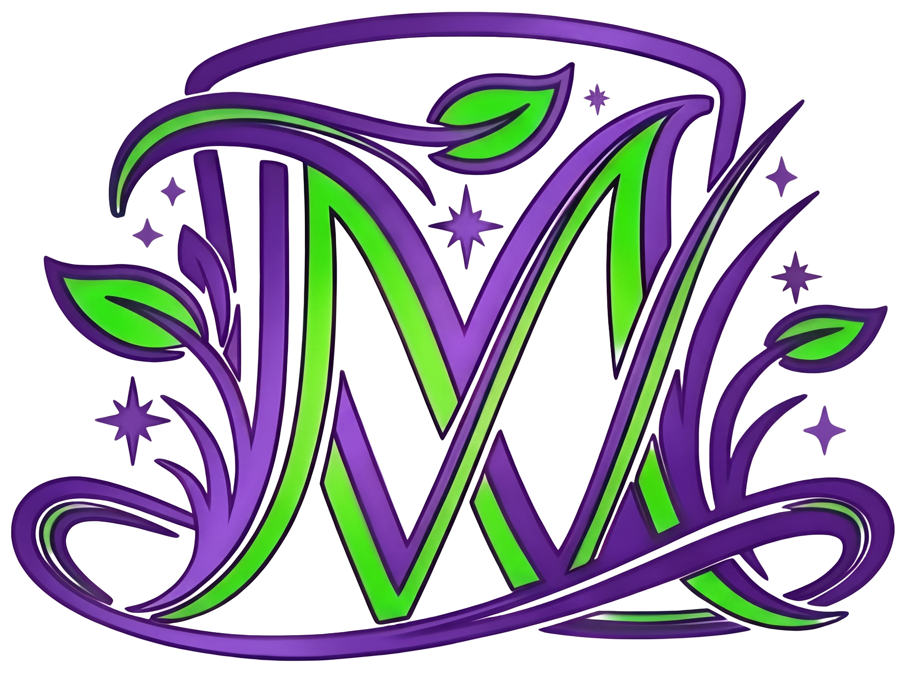 The Mowgicians logo: an ornate M in purple and green with leaves and sparkles, shaped like a magician's hat filled with a blade-style design