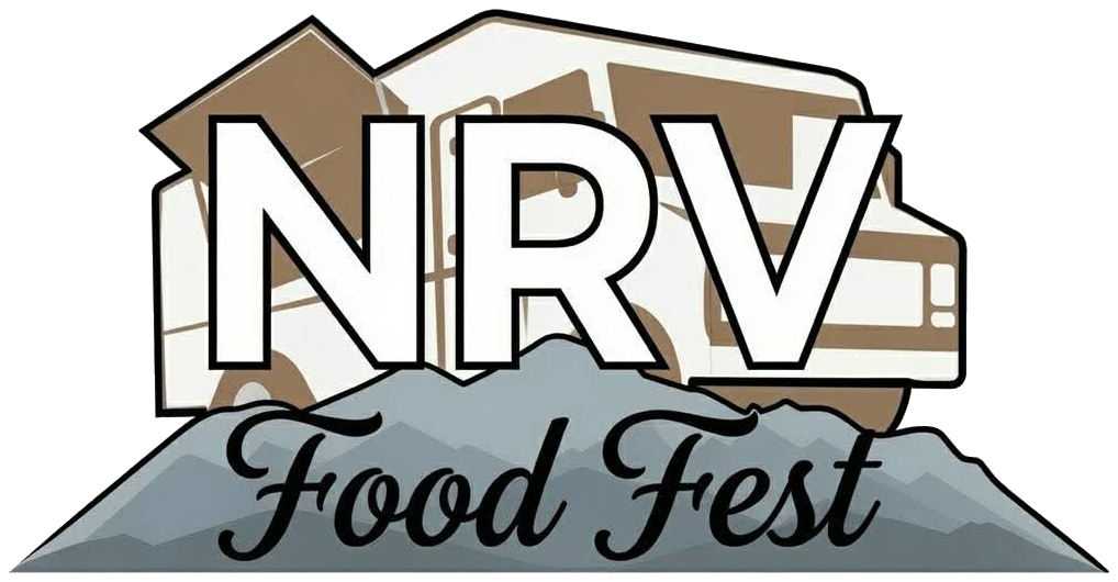 NRV Food Fest logo: NRV lettering over a food vendor truck backed by the Blue Ridge Mountains, with Food Fest scripted across the ridge